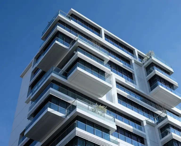 A building with many windows and balconies on the top.