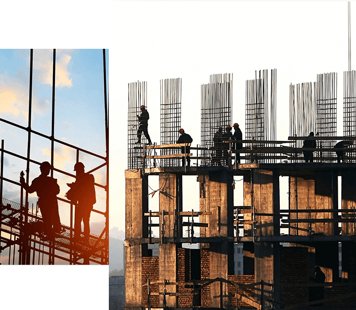 A group of people standing on top of scaffolding.