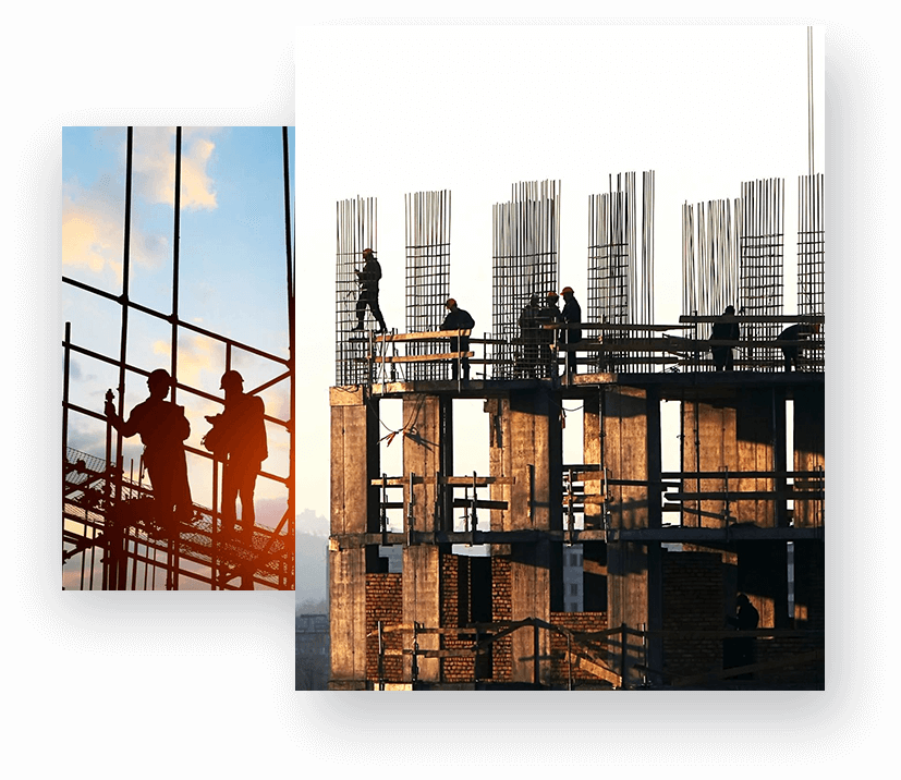 A collage of construction workers on scaffolding.